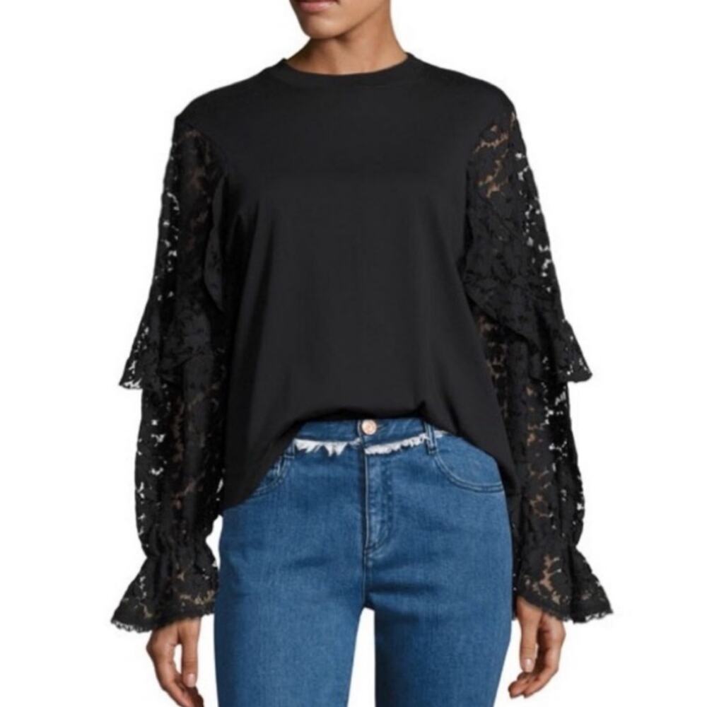 See by Chloe Cropped T Shirt Long Lace Ruffle Sleeve Black Cotton S - Picture 2 of 12